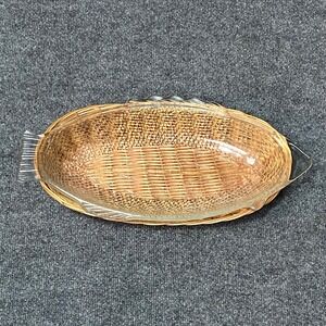 VTG USA Glasbake Fish Shaped Glass Dish Plate Wicker Basket Tray Serving Platter